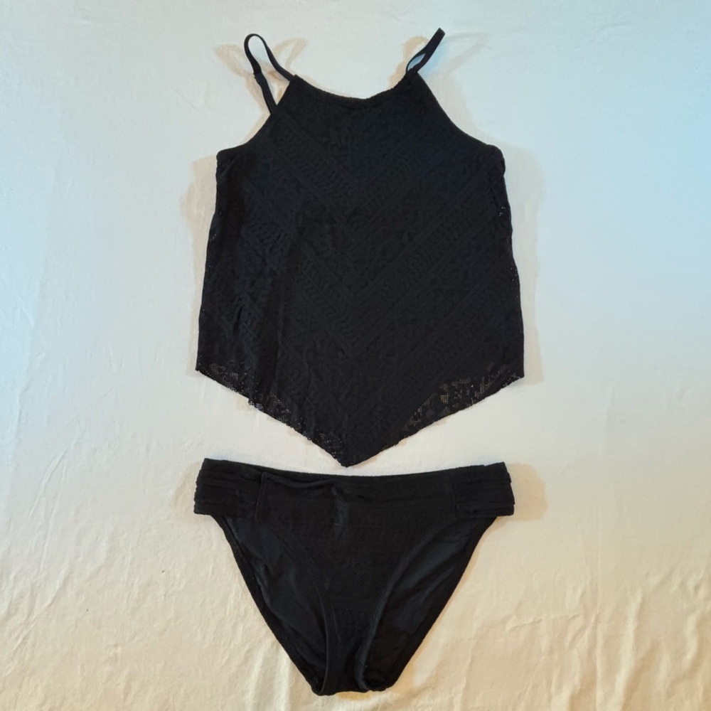 Bleu Rod Beattie Tankini Swimsuit Set Black Crochet Top & Bottoms Size 6